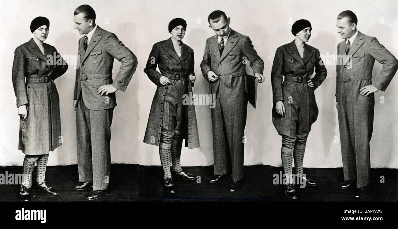 Transformationskostüm in Damen- und Herrenversion. Durch lösen des unteren Teils der Jacke und der Jacke verwandelt sich das Handelstracht in ein Sporttracht. 1929. Stockfoto