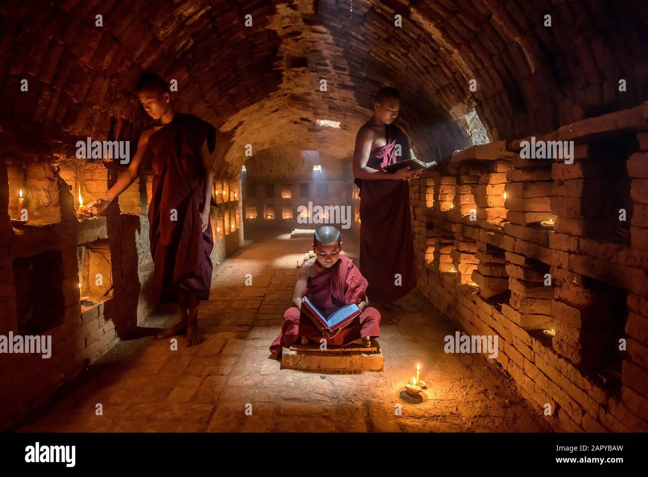 Anfänger Mönch lesen Buch, in Kloster, Bagan, Myanmar Stockfoto