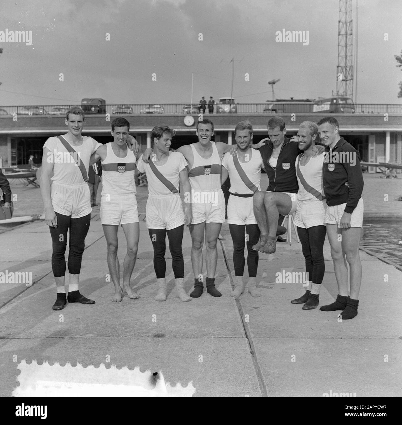 Ruder-Europameisterschaften Bosbaan, Dänisch und Deutsch mit Pose Datum: 9. August 1964 Ort: Amsterdam, Amsterdamse Bos, Bosbaan, Noord-Holland Schlagwörter: Rudern, Meisterschaften Stockfoto