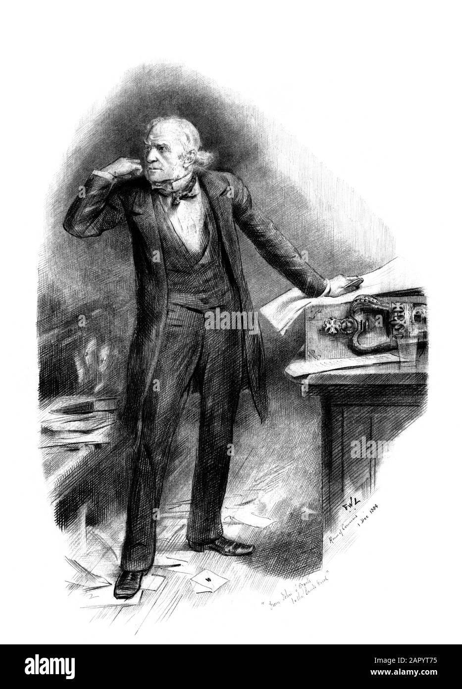 Jahrgangsporträt von William Ewart Gladstone (1809 - 1898) - dem britischen Politiker der Liberalen, der zwischen den Jahren von 1868 und 1894 viermal Premierminister des Vereinigten Königreichs war. Im Druckbild von circa 1884er wird der im Unterhaus sprechende Gladstone dargestellt. Stockfoto