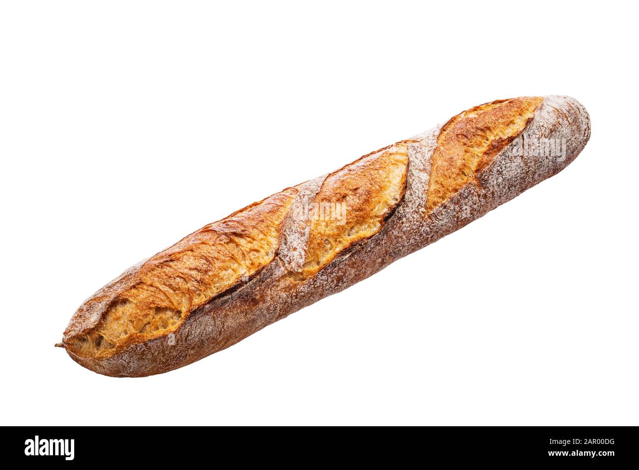 Brot. Frisch gebackene Baguette auf weißem Hintergrund. Stockfoto