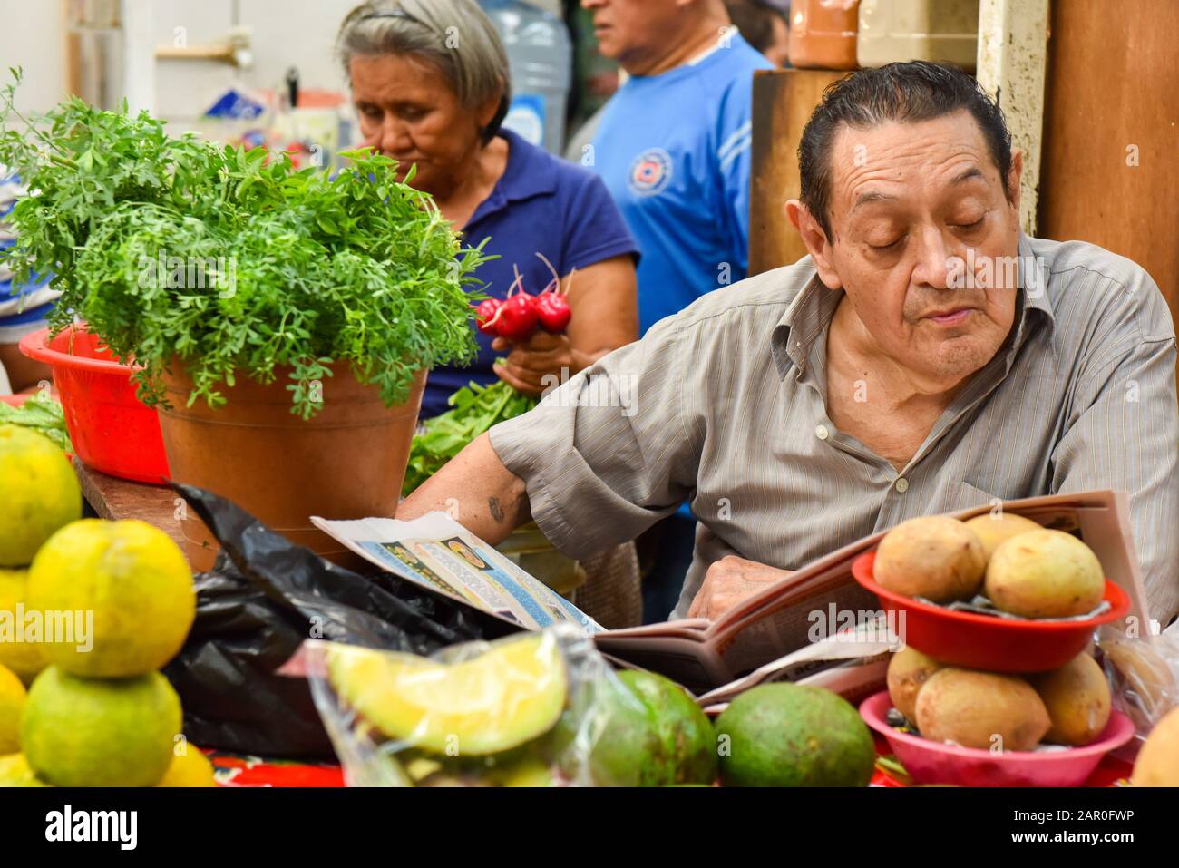 Der Mann, der die Zeitung liest, Lucas Galvez Market, Mexiko Stockfoto