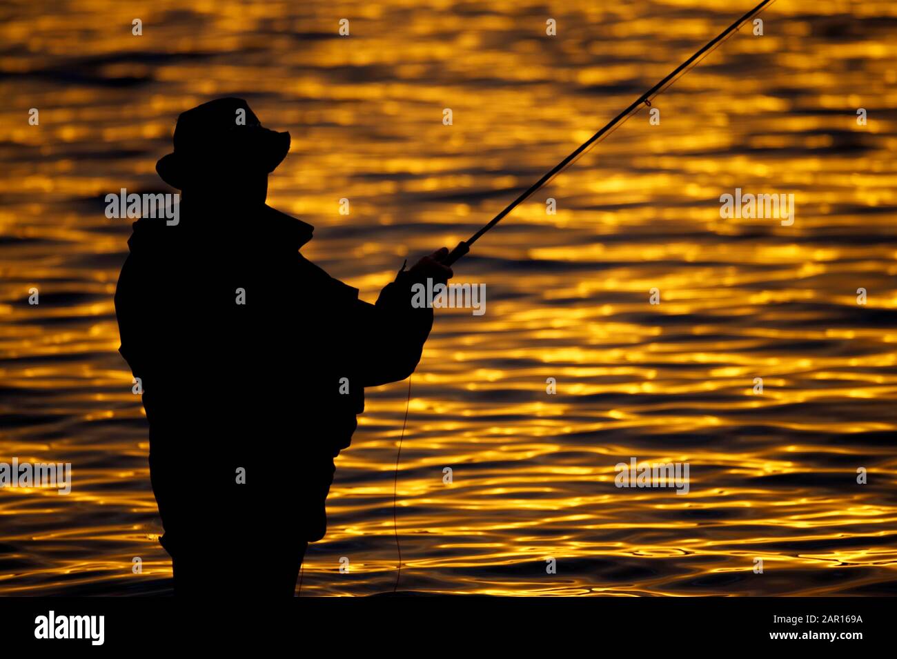 Fischer fliegen in Stoneyford Reservoir bei Sonnenuntergang angeln, County antrim Nordirland während der goldenen Stunde am Abend Stockfoto