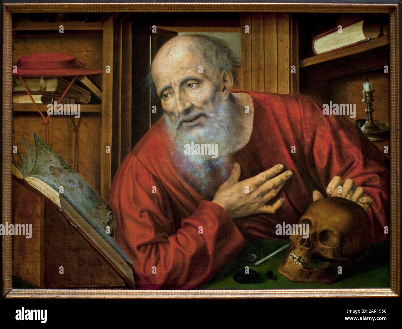 Der heilige Jerome dans sa cellule. Peinture de Quentin Metsys (Quinten Massys) (1466-1530), Premiere moitie du 16e siecle, Art primitif flamand. Kunsthisto Stockfoto