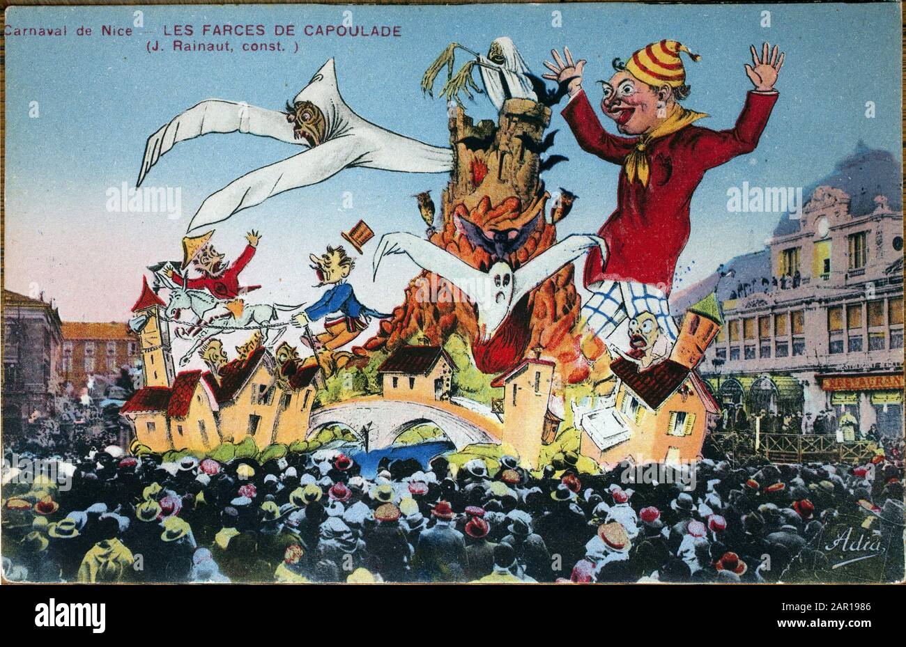 Carnaval de Nice, les farces de Capoulade (J.Rainaut, Bauunternehmer). Carte Postale 1938, editeur ADIA. Archive munizipales de Nice. Stockfoto