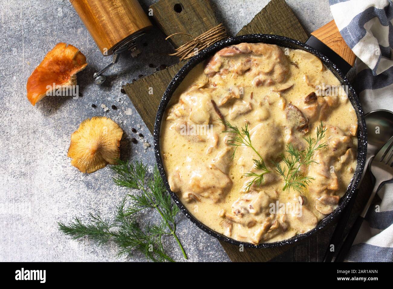 Fricasse - Französische Küche. Huhn in einer cremigen Soße mit Pilzen in einer Pfanne auf hellem Steingrund gehütet. Draufsicht mit Kopierbereich. Draufsicht auf Stockfoto