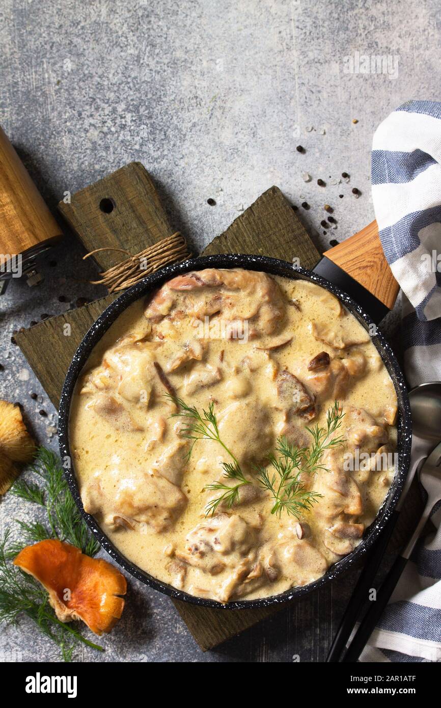 Fricasse - Französische Küche. Huhn in einer cremigen Soße mit Pilzen in einer Pfanne auf hellem Steingrund gehütet. Draufsicht mit Kopierbereich. Draufsicht BA Stockfoto