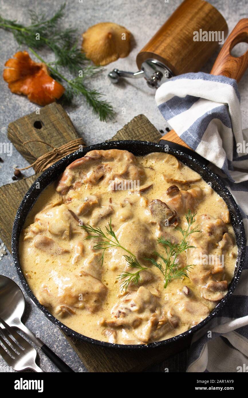 Fricasse - Französische Küche. Huhn in einer cremigen Soße mit Pilzen in einer Pfanne auf hellem Steingrund gehütet. Stockfoto