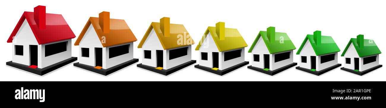 3D-Darstellung von sieben Modellhäusern unterschiedlicher Größe mit farbigen Dächern, rot, orange, gelb und grün, die eine Energieeffizienzklasse bilden. Stockfoto