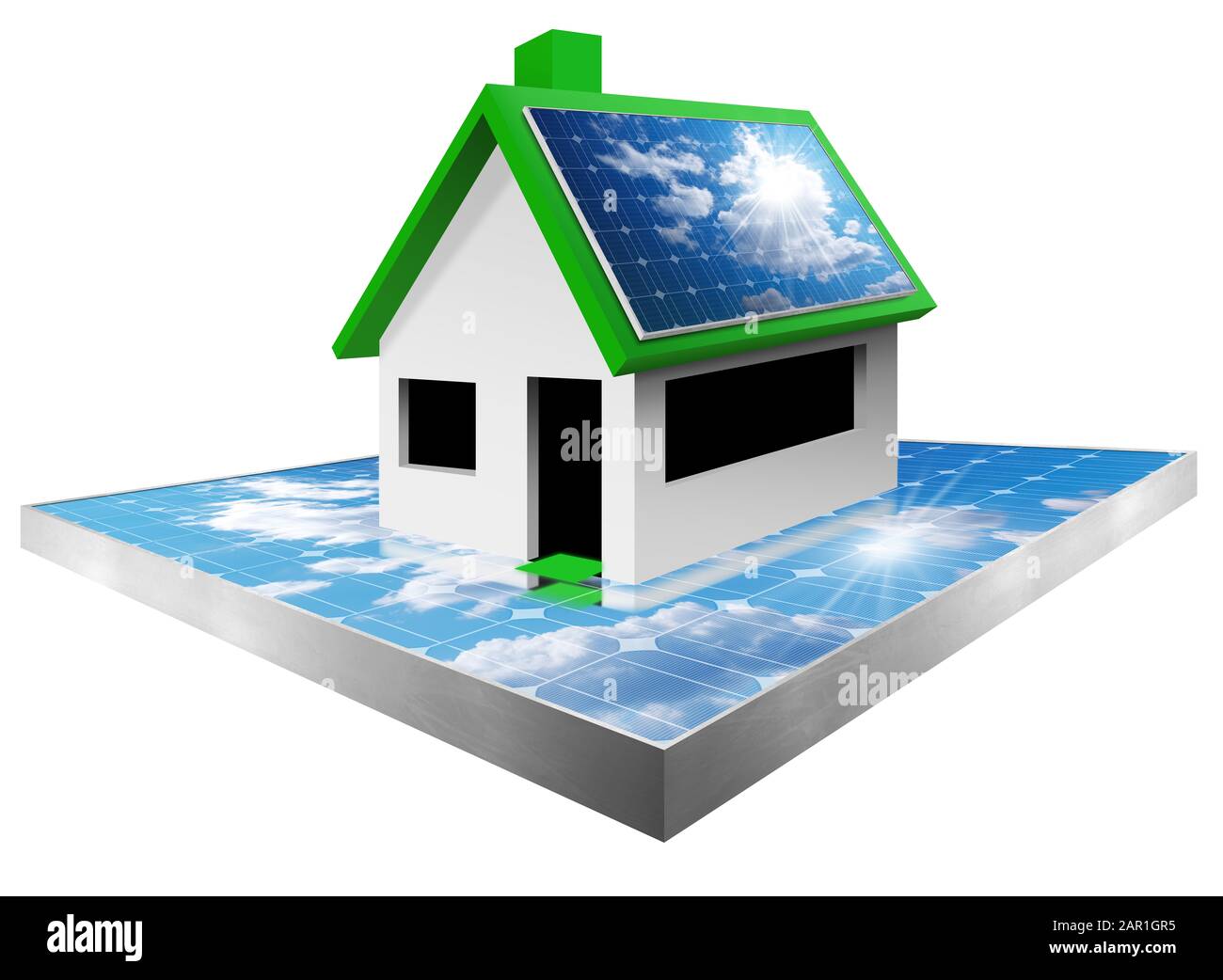 3D-Abbildung eines Modellhauses mit zwei Solarmodulen, eines auf dem Dach und eines unten. Isoliert auf weißem Hintergrund. Konzept der erneuerbaren Energien Stockfoto