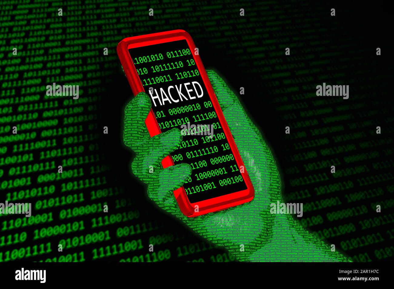 Abbildung: Hackkonzept. Eine Hand, die mit binären Daten überdeckt wird, die ein Smartphone zum Hacken in einen Computer verwendet, um Daten zu stehlen oder zu zerstören. Stockfoto