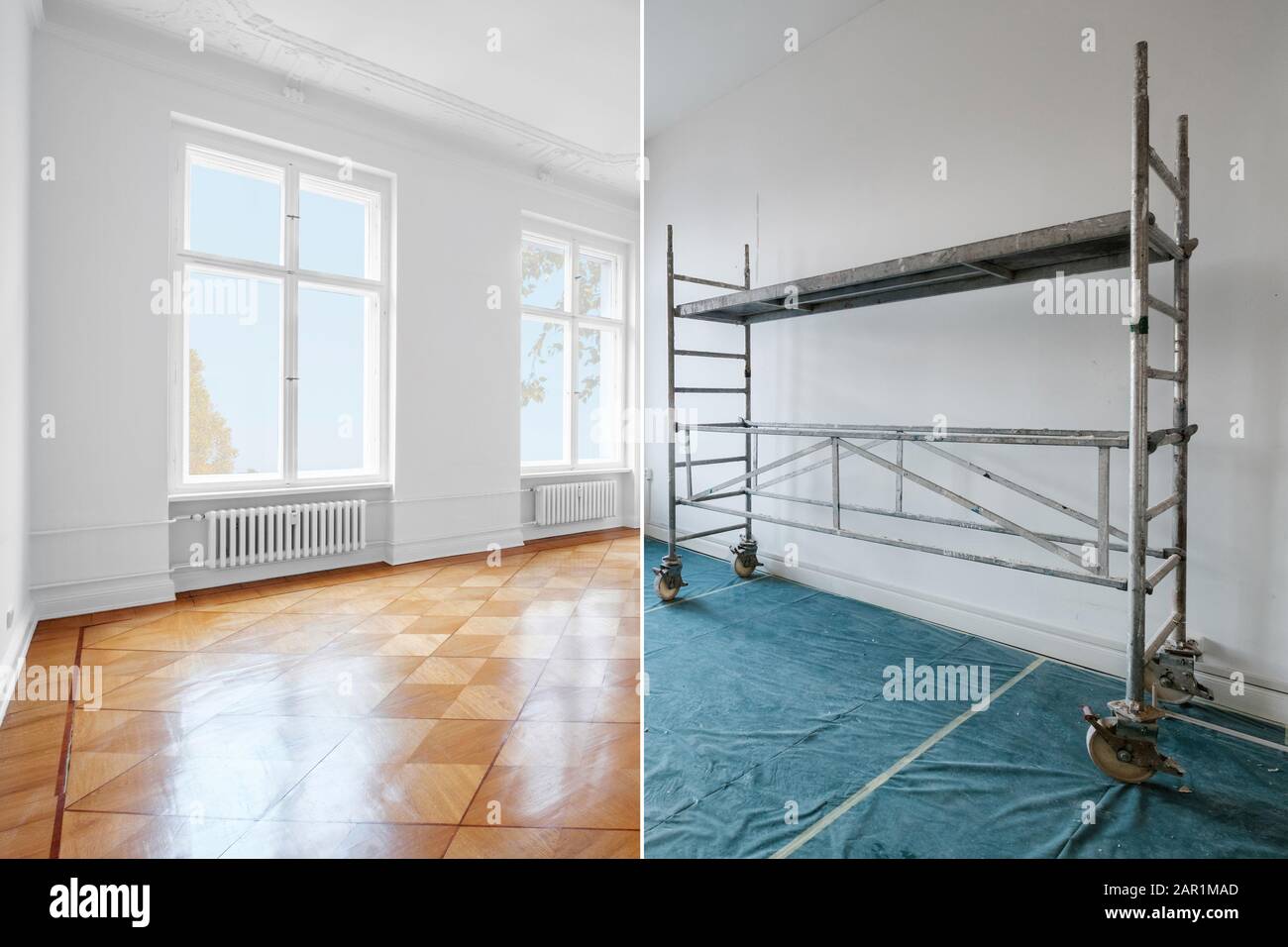 Zimmer vor und nach der Renovierung - renovieren Sie das Innere der Wohnung. Stockfoto