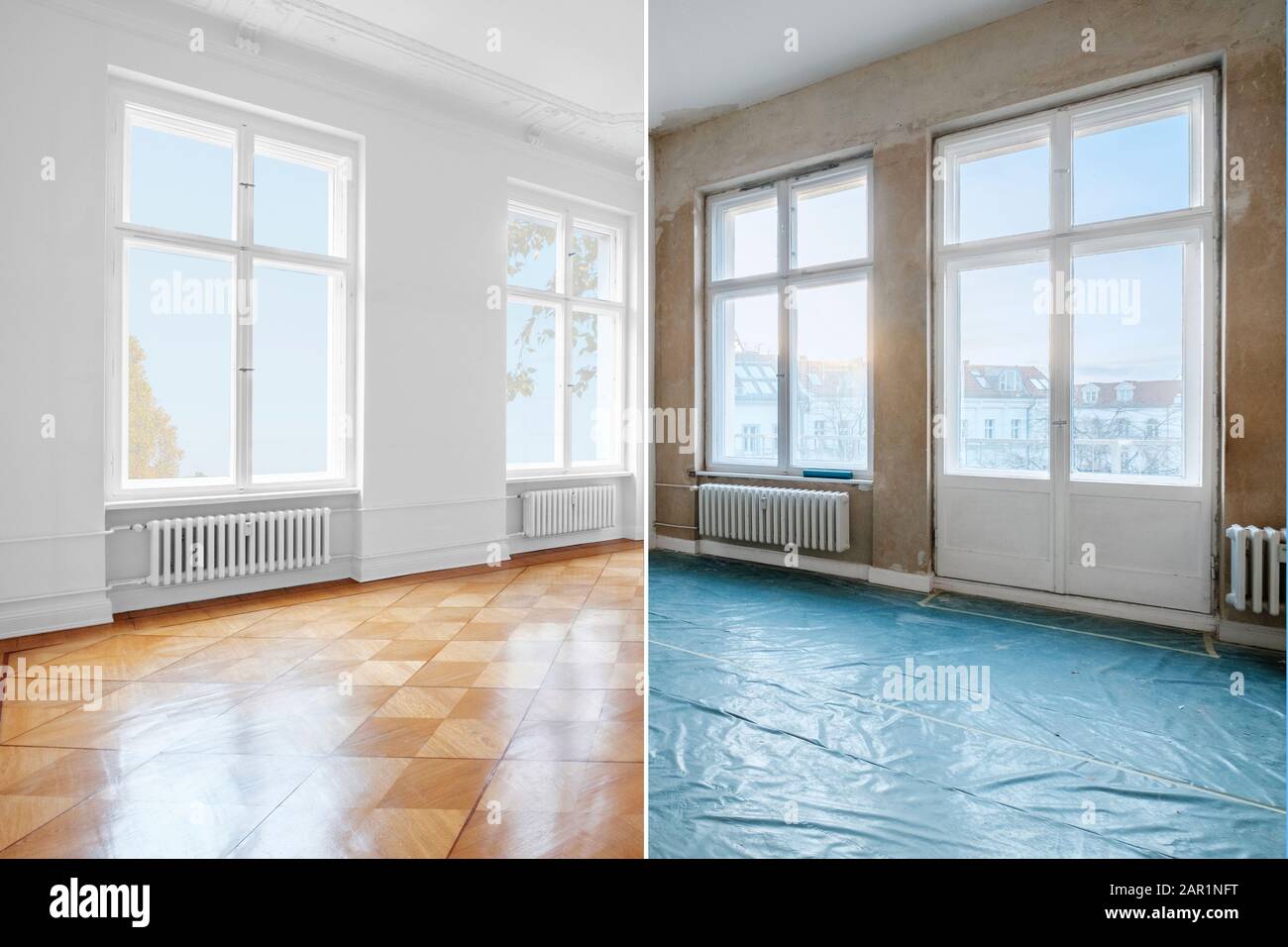 Zimmer vor und nach der Renovierung, altes und neues Zimmer, Stockfoto