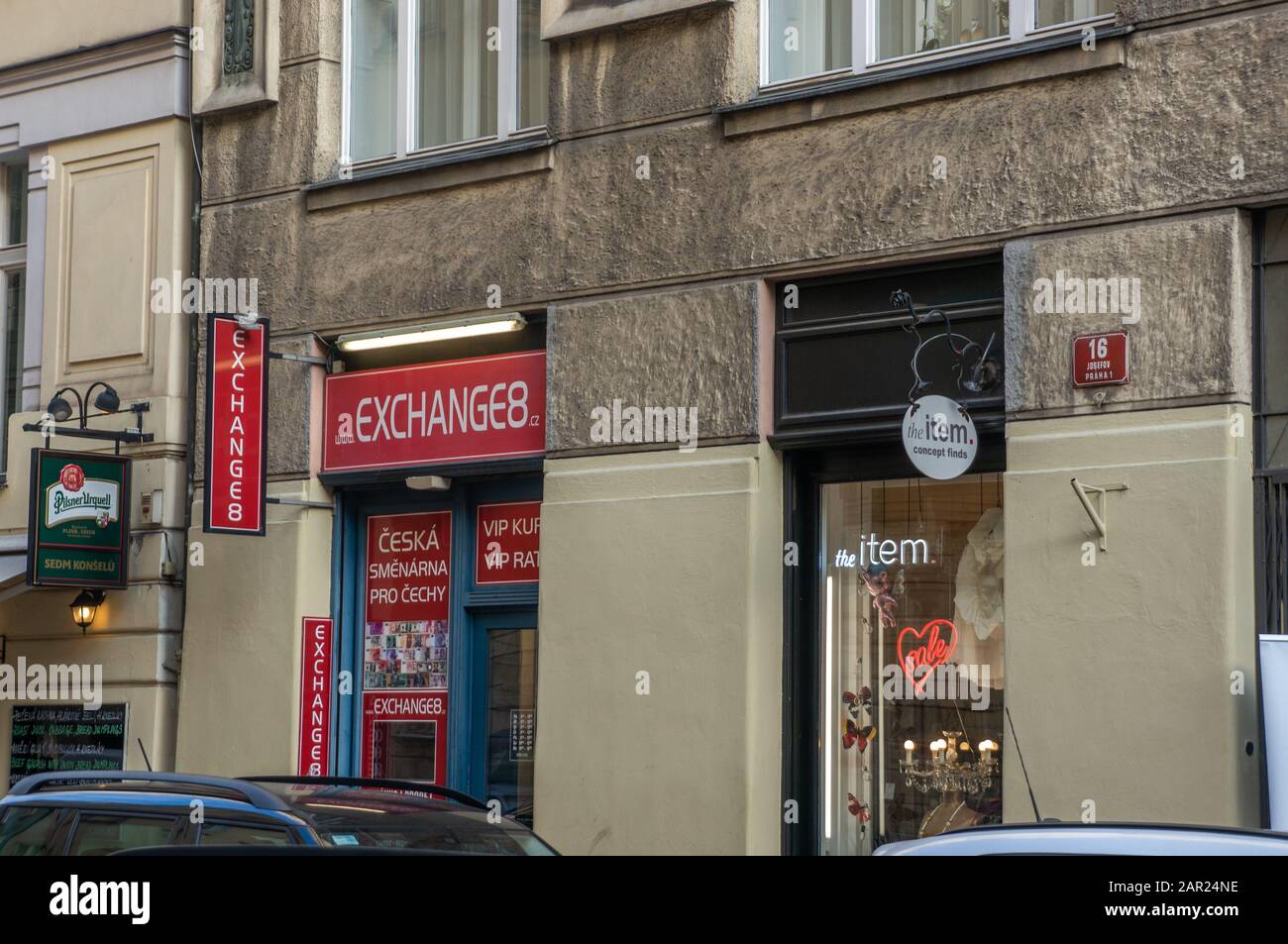 Prag, TSCHECHIEN - 22. JANUAR 2020: Geldumtausch, das 0% provision auf ihre Dienstleistungen anbietet. Im Zusammenhang mit den jüngsten Vorwürfen des Betrügerei durch Stockfoto