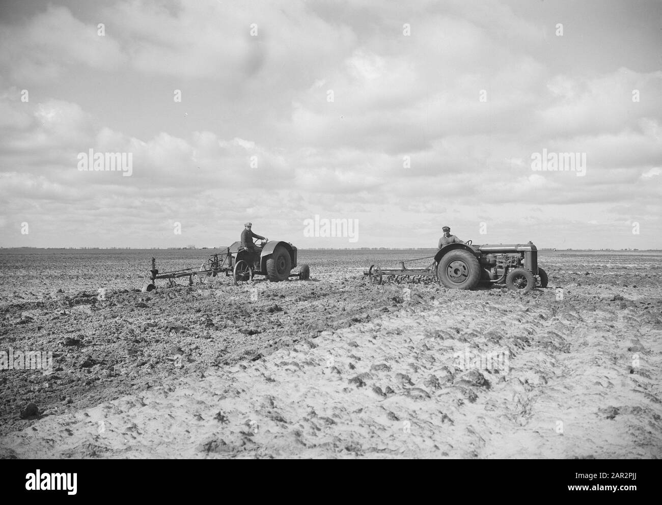 Fordson Motor mit Kultivator und Dreischer-Team am Rhederveld Datum: Undatierter Standort: Groningen (Provinz), Rhederveld Schlagwörter: Landmaschinen, Werkzeuge Stockfoto