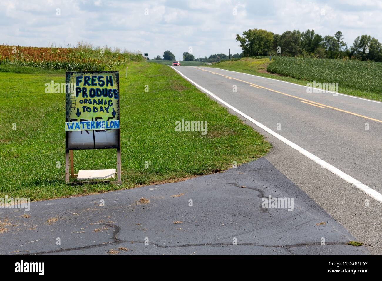 Ein handgefertigtes Schild, das Bauernhofprodukte auf der Seite einer Landstraße wirbt. Stockfoto