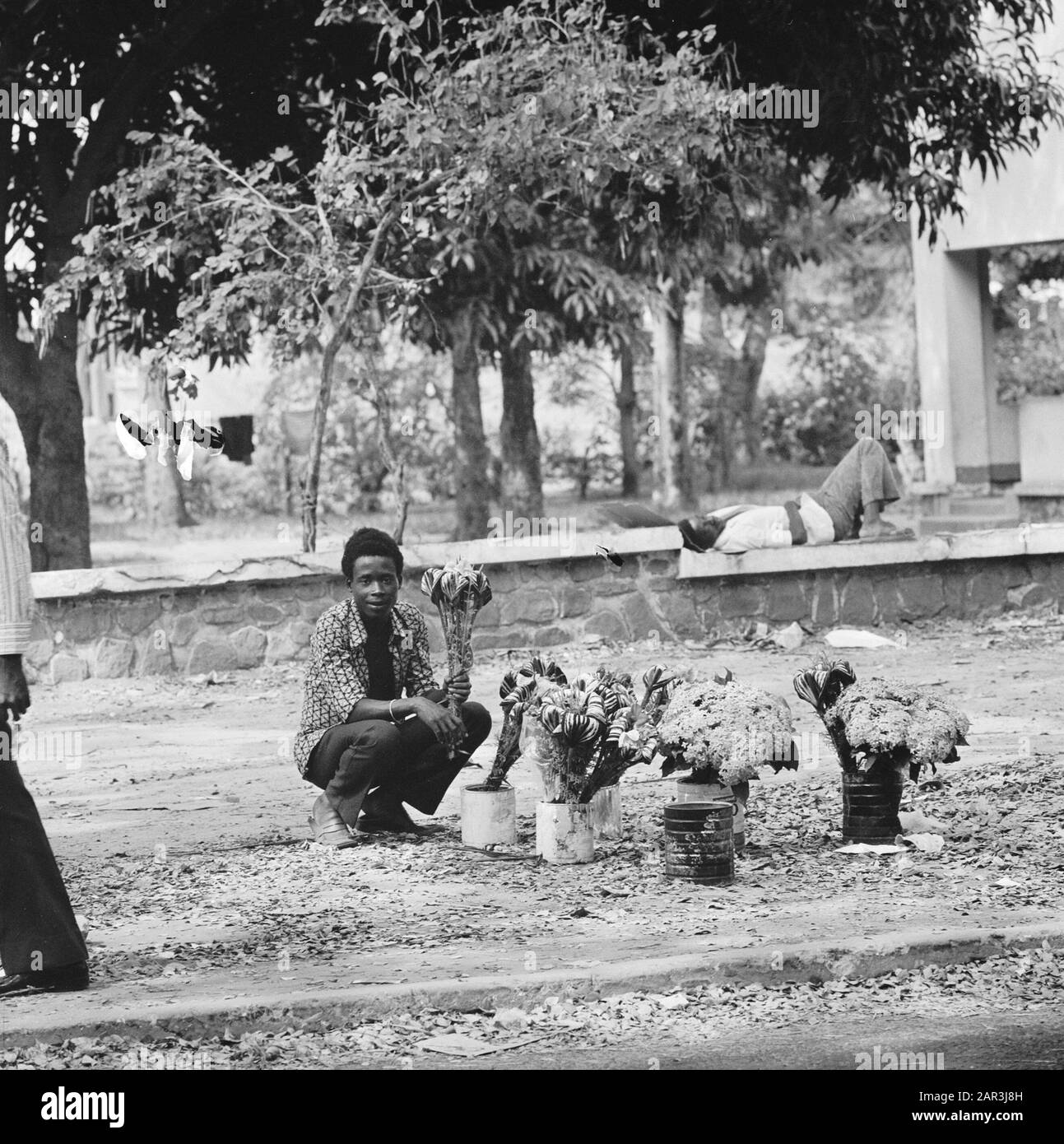 Zaire (früher Belgischer Kongo)-Statue in Kinshasa; Blumenhändler Datum: 24. Oktober 1973 Ort: Kongo, Kinshasa, Zaire Schlüsselwörter: Blumen, Stadtansichten, Straßenhandel Stockfoto