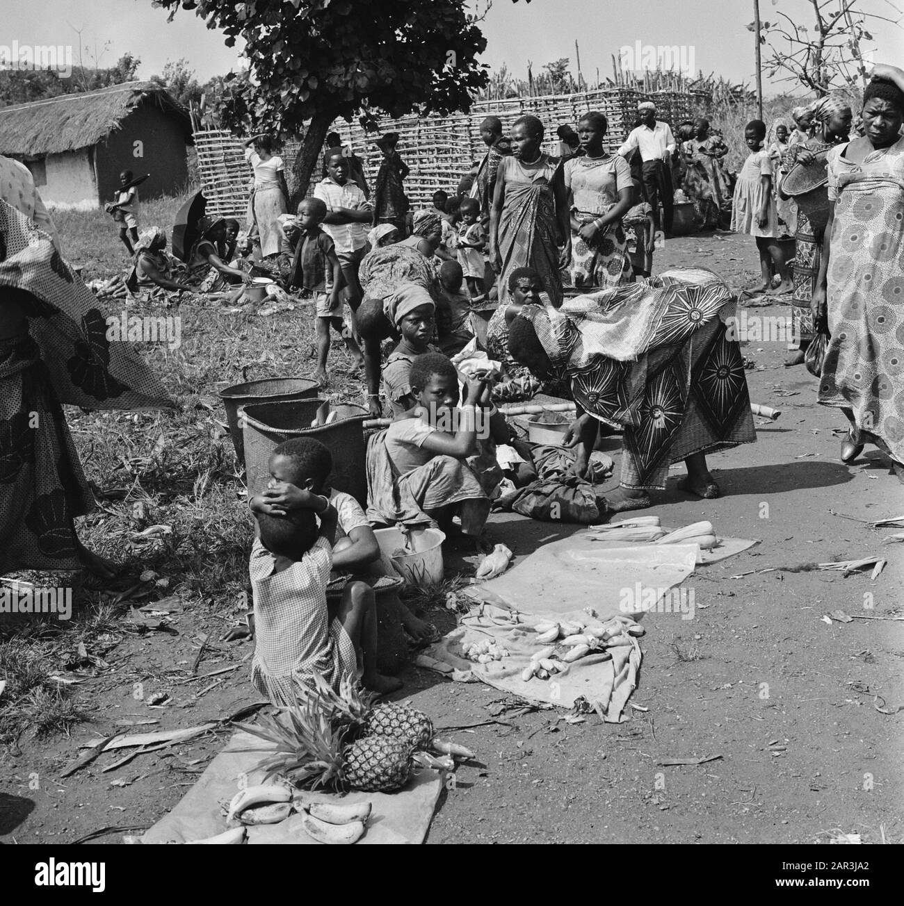 Zaire (früher Belgischer Kongo) Menschen lange die Seite einer Straße Datum: 24. Oktober 1973 Ort: Kongo, Zaire Schlüsselwörter: Ananas, Straßenhandel, Straßenränder, Straßen Stockfoto