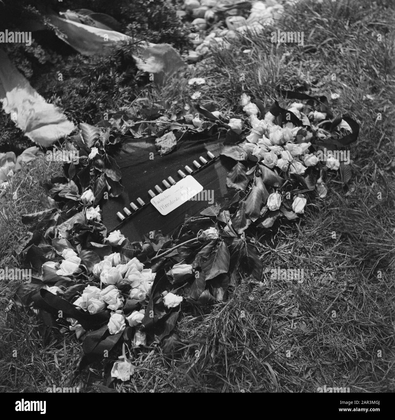 Befreiungsfeste: Haarlem Haarlem steht auch acht Helden vor dem Denkmal, die am 7. März 1945 gegen einen Schutzraum am Dreef ermordet wurden. Kranz mit Mustergürtel und Karte mit Resten der mörderischen Kugel" Datum: Mai 1945 Ort: Haarlem, Noord-Holland Schlüsselwörter: Blumen, Gedenkstätten, Gedenkfeiern, Kränze, Widerstandskämpferinnen Stockfoto