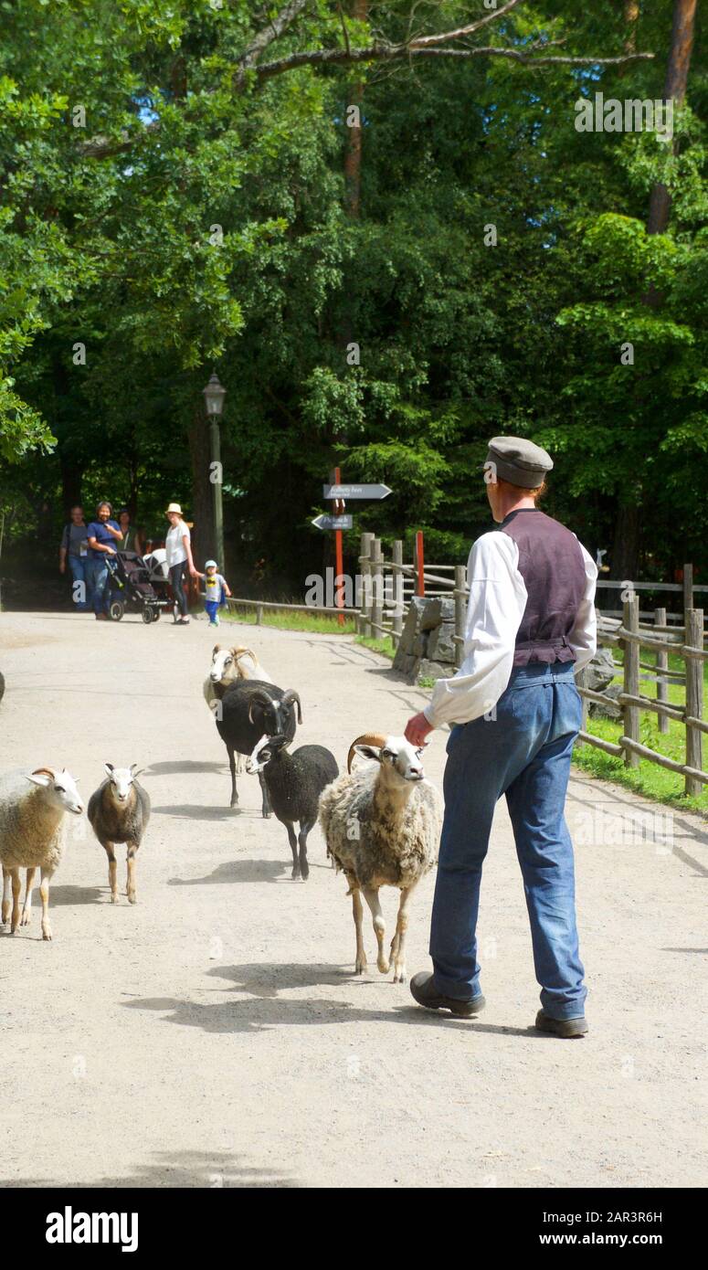 Stockholm, SCHWEDEN - 8. Juli 2016 - EIN junger Mann begibt sich in Skansen, einem Freilichtmuseum in Stockholm, das das Leben im Schweden des 19. Jahrhunderts zeigt Stockfoto