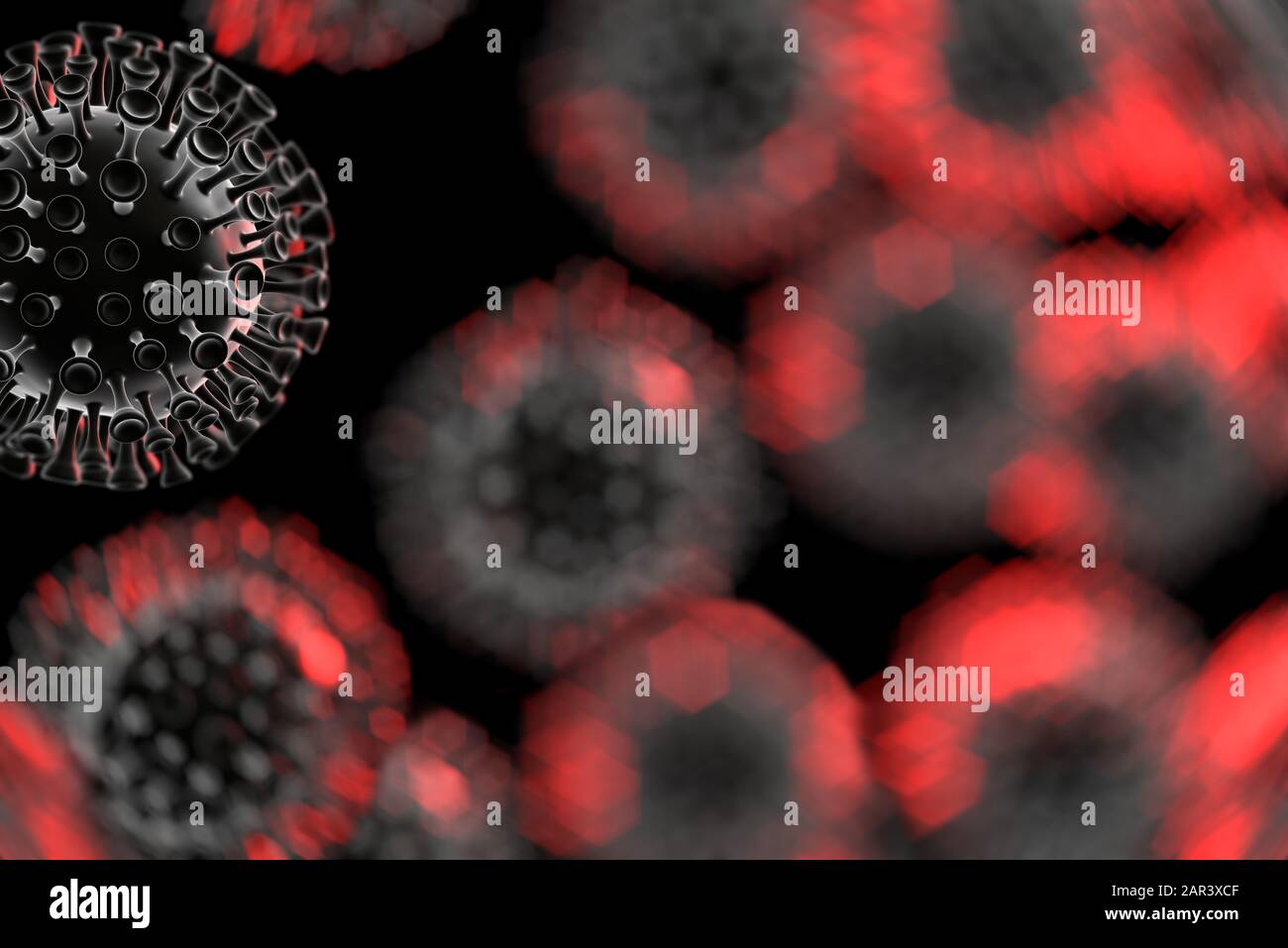 Coronavirus-Moleküle, die über das Rahmenfeld verteilt sind. Mikroskopische Fotografie. Das Konzept der epidemischen Virusinfektion und das Risiko des Lebens Stockfoto