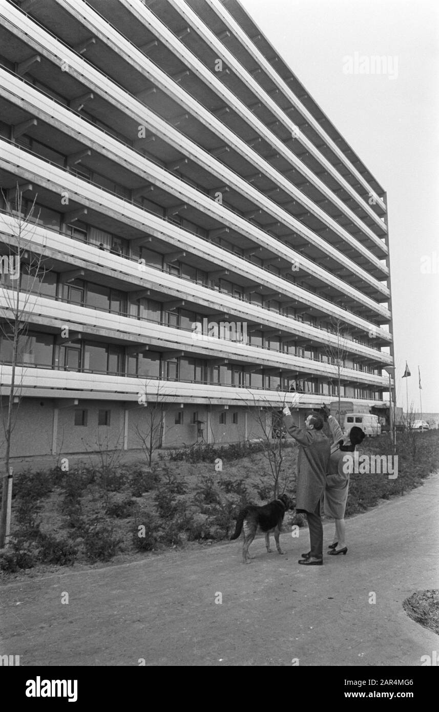 Erste Einwohner Molenwijks in Amsterdam. Anmerkung: Paar mit Hund verweist auf das neue Baudatum: 1. april 1968 Standort: Amsterdam, Noord-Holland Schlüsselwörter: Wohnungen, Wohnungen, Öffnungen Stockfoto