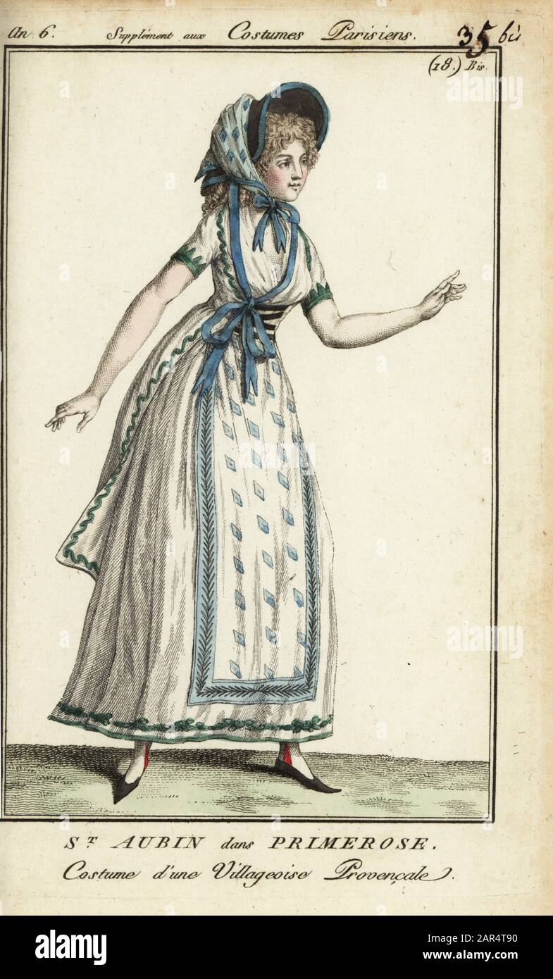 Madame de St. Aubin in Kostüm als provenzalische Dorfbewohnerin Primerose aus der Oper von Nicolas Dalayrac, die im Jahr 1798 debütierte. Sie trägt eine Schürze über einem kurzärmligen Kleid. Der mit einem Kerchef gefesselte Hut begann eine Mode. ST Aubin dans Primerose. Kostüm d'une villageoise provenzale. Handfarbige Kupferstichgravur von Pierre de la Mesangere's Journal des Modes et Dames, Paris, 1798. Die Illustrationen in Band 1 stammen von Carle Vernet, Claude Louis Desrais und Philibert Louis Debucourt. Stockfoto