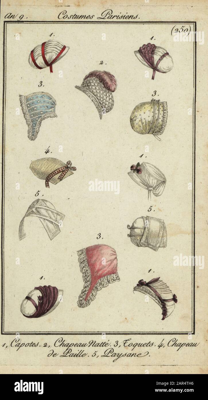 Modische Hüte von 1800. Kapuze 1, Geflochtener Hut 2, Kappe 3, Strohhut 4, Bauernhut 5. Capotes 1, Chapeau Natté 2, Toquets 3, Chapeau de Paille 4, Paysanne 5. Handfarbige Kupferstichgravur von Pierre de la Mesangere's Journal des Modes et Dames, Paris, 1800. Die Illustrationen in Band 4 stammen von Carle Vernet, Bosio, Dutailly und Philibert Louis Debucourt. Stockfoto