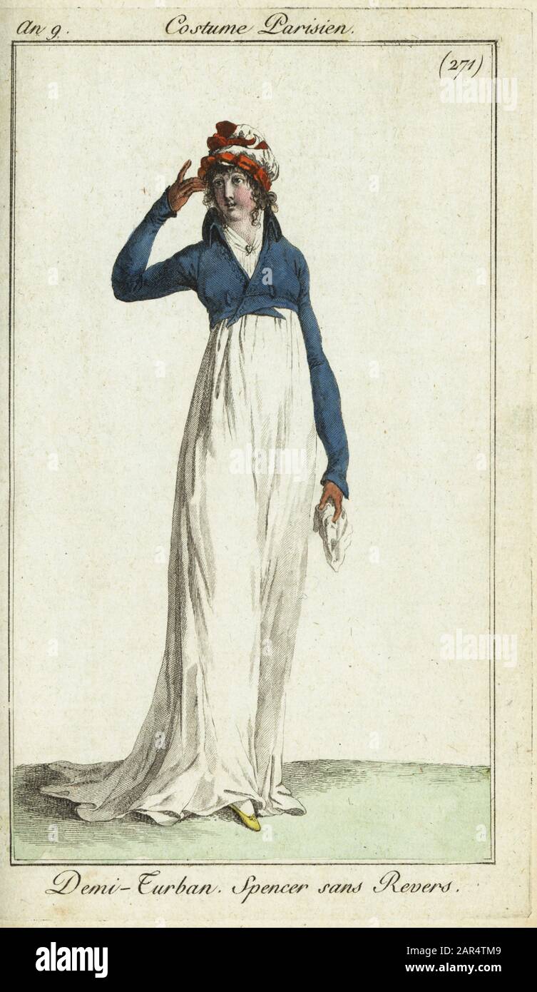 Modische Frau in einer Halbsturban- und spencer-jacke, 1800. Demi-Turban. Spencer sans Revers. Handfarbige Kupferstichgravur von Pierre de la Mesangere's Journal des Modes et Dames, Paris, 1800. Die Illustrationen in Band 4 stammen von Carle Vernet, Bosio, Dutailly und Philibert Louis Debucourt. Stockfoto