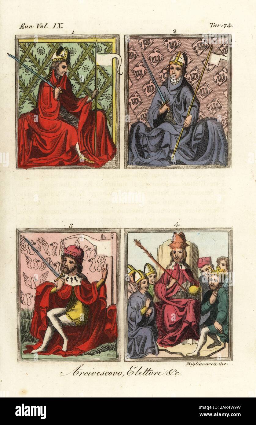 Erzbischof von Trier mit Mithrer, Schwert und Banner 1, Erzbischof von Köln 2, ein weltlicher Kurfürst 3, und der heilige römische Kaiser Karl IV. Auf seinem Thron mit Zepter und Ob 4. Arcivescovo, Elettori. Miniaturen aus dem Wiener Kodex der Goldenen Bulle, eine illuminierte Handschrift, die für König Wenceslaus IV. Von Böhmen, 1365, erstellt wurde. Handfarbige Kupferstichgravur von Migliavacca aus Giulio Ferrarios Kostümen Alt und Modern der Völker der Welt, Il Costume Antico e Moderno, Florenz, 1844. Stockfoto