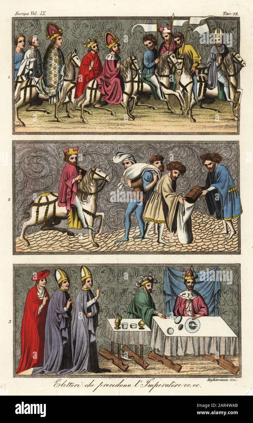 Prozession von kirchlichen und laienischen Wählern zu Pferd mit Bannern vor dem Heiligen römischen Kaiser Karl IV. (Oben); Herzog von Sachsen Füllbeutel Hafer (Mitte);.Der Kaiser zu Tisch mit einem Kuppelträger, der ihm mit einem langen Löffel serviert wird, der von den Bischofsern und Adligen beobachtet wird (unten). Elettori che prececececono l'Imperatore. Miniaturen aus dem Wiener Kodex der Goldenen Bulle, eine illuminierte Handschrift, die für König Wenceslaus IV. Von Böhmen, 1365, erstellt wurde. Handfarbige Kupferstich von Migliavacca aus Giulio Ferrarios Kostümen Alt und Modern der Völker der Welt, Il Costume Antico e Mod Stockfoto