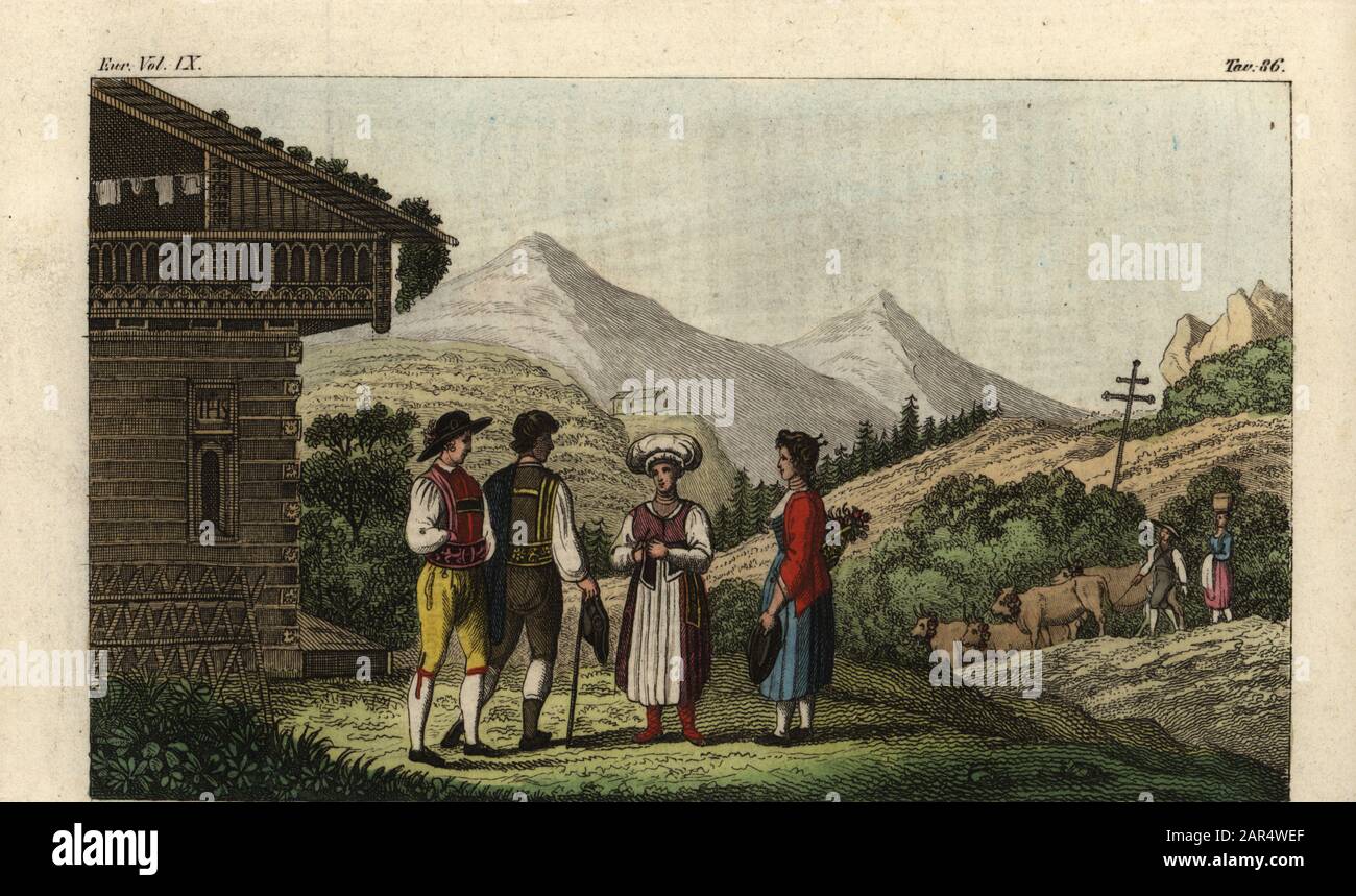 Bauern der Stadt Salzburg, Österreich, 18. Contadini del Salisburgh. Handfarbige Kupferstichgravur von Antonio Verico aus Giulio Ferrarios Kostümen, Alt und Modern der Völker der Welt, Il Costume Antico e Moderno, Florenz, 1844. Stockfoto