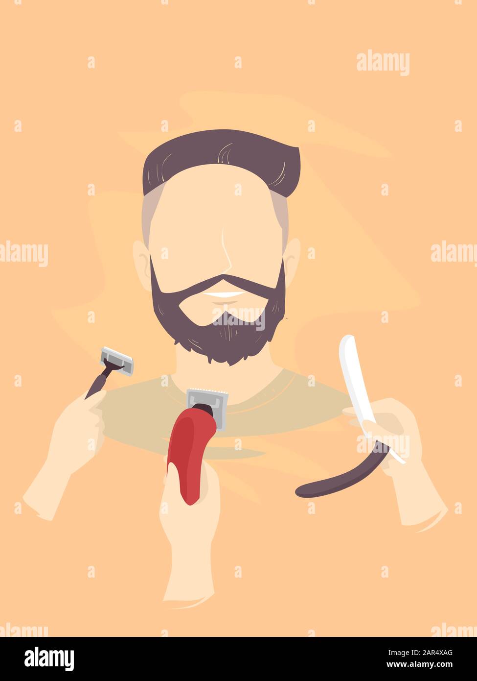 Abbildung: Ein Mann mit Bart und Schnurrbart, Der Sich Für einen Einweg-Rasiermesser, einen schnurlosen Rasierer und ein faltbares Bla Mit Gerader Kante entscheidet Stockfoto