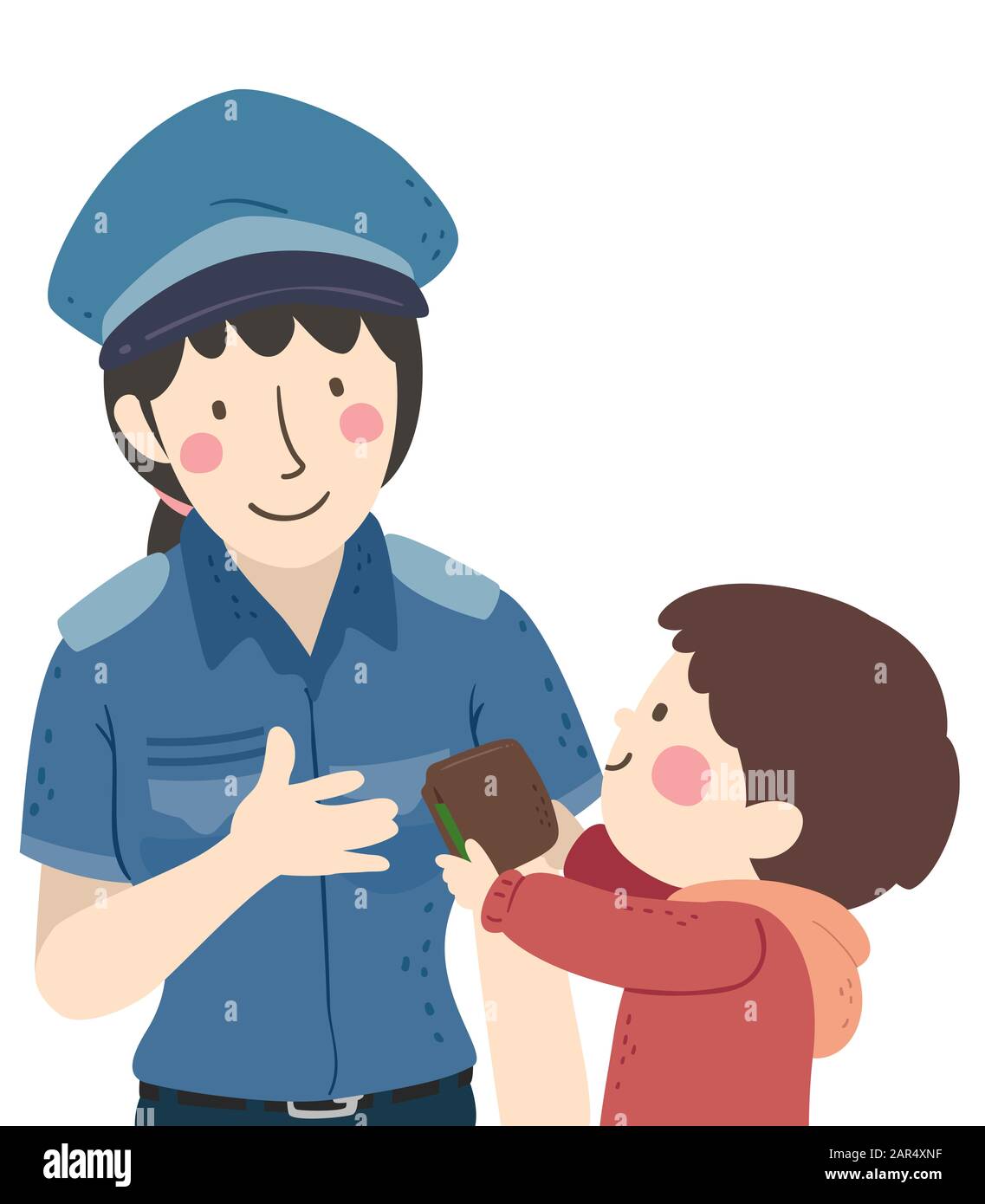 Illustration eines Kid Boy, Der eine Brieftasche Gab, Fand Er bei einer Polizeifrau, die es bekam Stockfoto