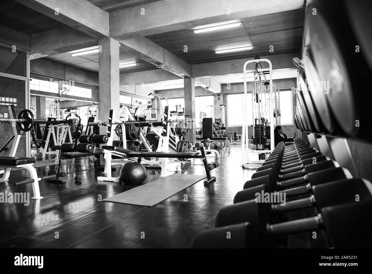 In den Regalen der Turnhalle stehen Hanteln. Modern im Inneren des Fitnessstudios mit Geräten. Sportausrüstung im Fitnessstudio. Stockfoto