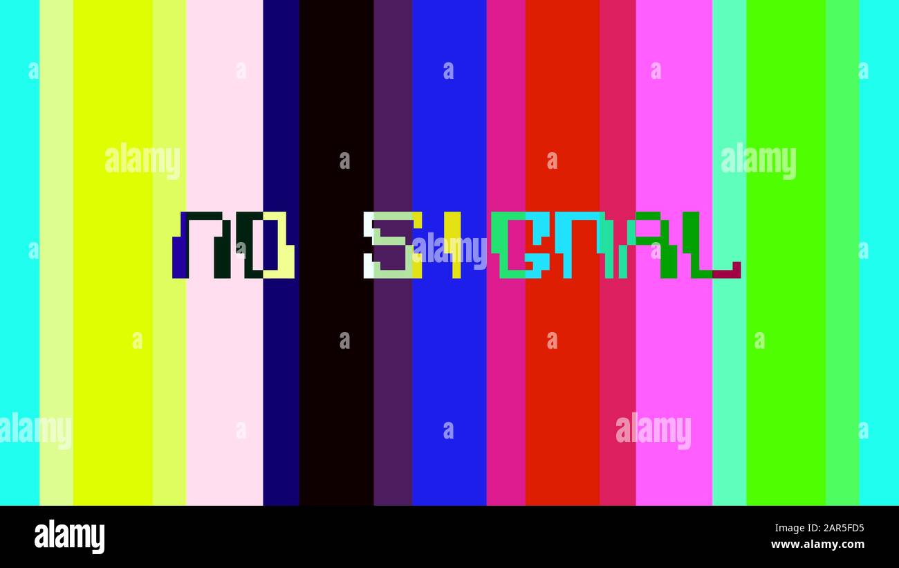 Keine Signalnachricht auf glitch farbenfrohen Hintergrund, TV-Farbkontrollstreifen Stockfoto