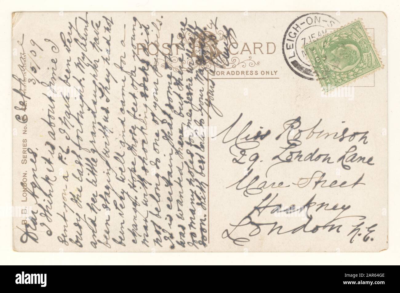 Reverse of early 1900's Edwardian Postkarte posted in WC. Stockfoto