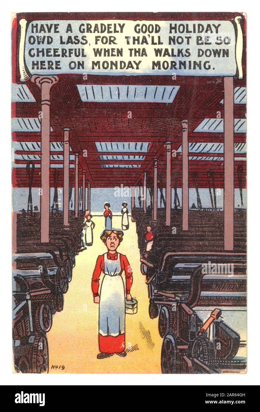 Die originale Comic-Postkarte aus dem frühen 19. Jahrhundert, auf der die Arbeiterin der Baumwollfabrik Lancashire im Urlaub war, fordert die Arbeiterin auf, das Beste aus ihrem jährlichen Urlaub oder ihrer Weckwoche zu machen, bevor sie wieder in den düsteren Alltag des Arbeitsplatzes in Großbritannien zurückkehrt. Ungefähr 1910. Stockfoto