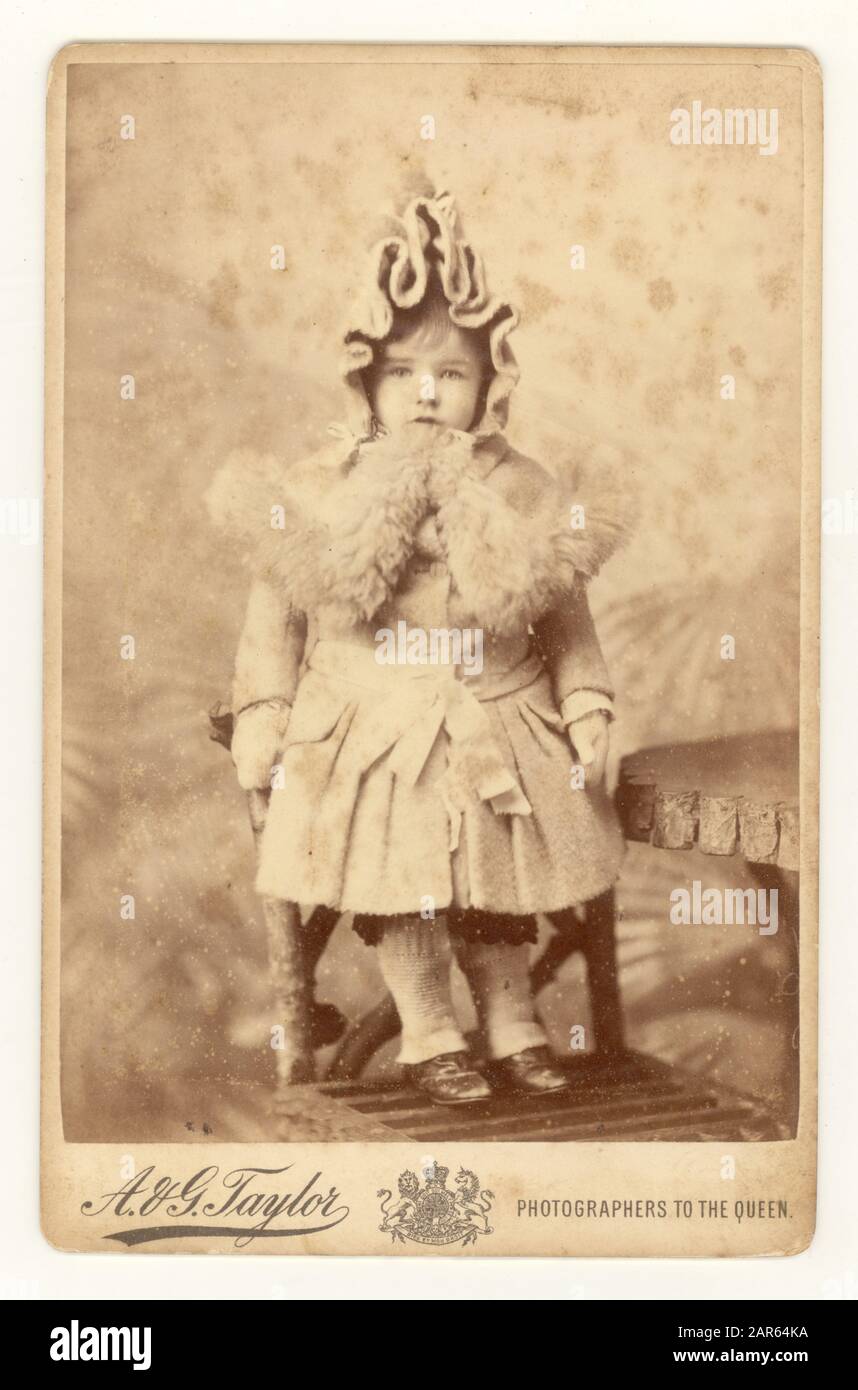 Original charaktervolle viktorianische Kabinettkarte eines niedlichen kleinen Kindes namens Boogle (Mädchen oder Jungen, wie sie in diesen Zeiten gleich gekleidet waren), das einen Wintermantel, einen Pelzkragen und eine aufwendige Haube trägt, Studio von A.G. Taylor, London, Großbritannien um 1886 Stockfoto
