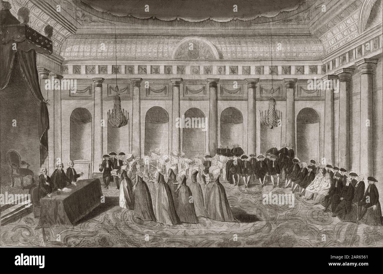 Dons patriotiques, le 27 septembre 1789: Les femmes des artistes les plus distingues se presentent a l'Assemblee Nationale et depent sur le bureau Stockfoto