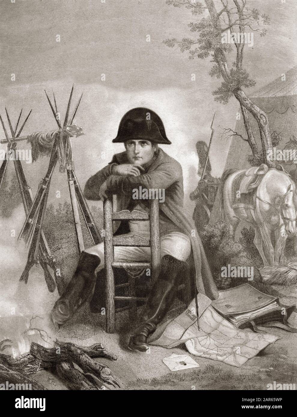 Napoleon au Bivouac la Veille de la bataille d'Austerlitz - Gravure d'apres Philippoteaux - Napoleon au Bivouac. Auch die Schlacht bei Austerlitz (1805) Stockfoto