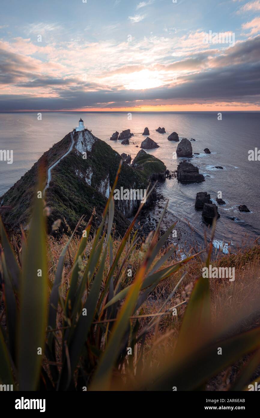 Wunderschöner Sonnenaufgang am Nugget Point Lighthouse, Neuseeland Stockfoto