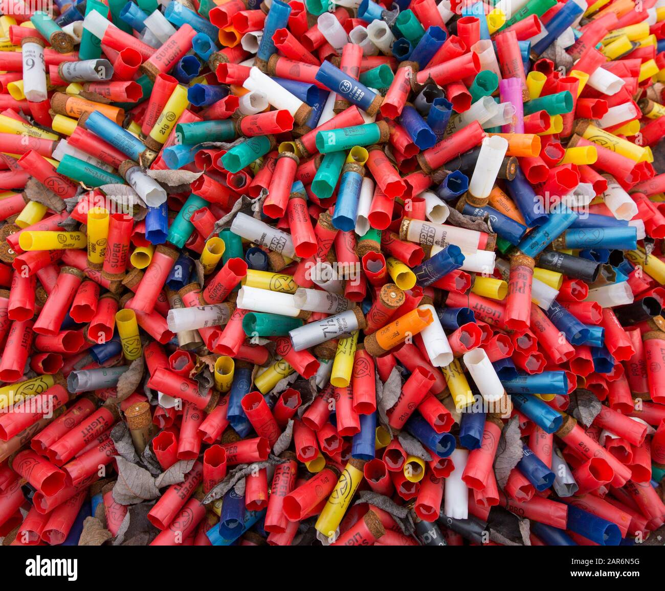 Leer gefeuerte Kunststoff-Schrotflinten, die zur Entsorgung an einem Tonnagel-Schussplatz gesammelt wurden. England GB Stockfoto