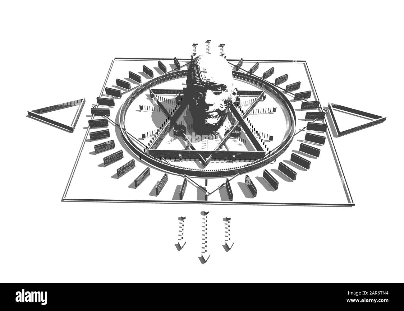 Animiertes Mysterium, Hexerei, okkultes und alchemes Zeichen. Mystische Gothic Geometrie dünne Linien Symbol um den menschlichen Kopf. 3D-Rendering Stockfoto