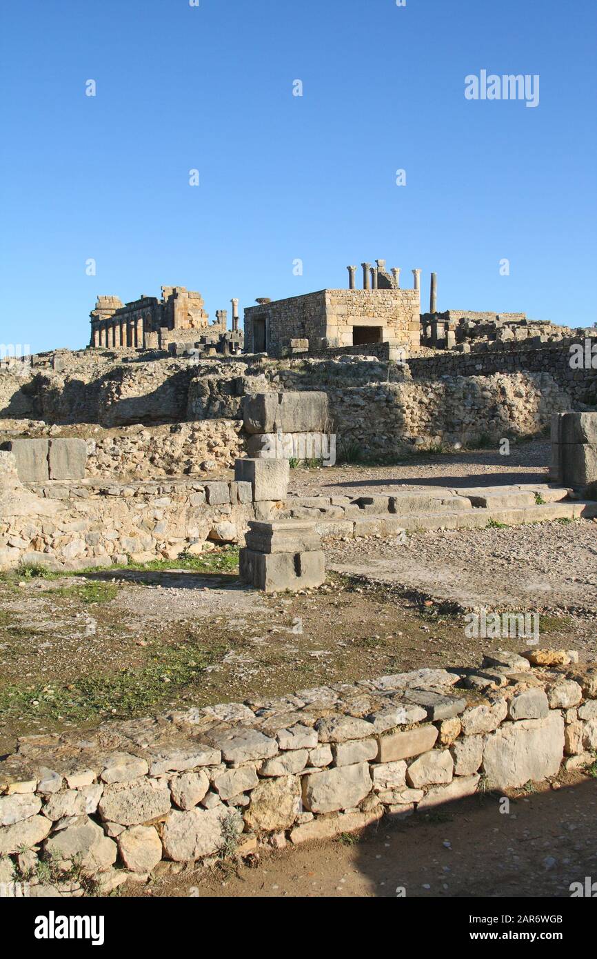 Ruinen der römischen Stadt Volubilis, in der Nähe von Meknes, Marokko Stockfoto