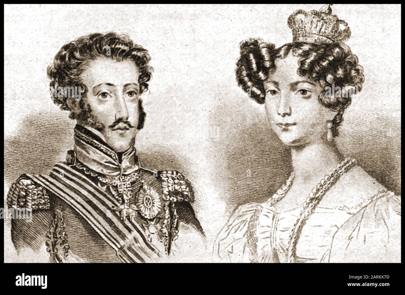 Das Porträt von Dom Pedro (Peter) I., Genannt Liberator und Soldatenkönig, Kaiser von Brasilien und seine Einwillige Amélie von Leuchtenberg (seine zweite Frau), die Porträts wurden bald nach der Liberalen Revolution von 1820 gemalt. Am 2. August war der Kaiser per Vollmacht mit Amélie von Leuchtenberg verheiratet worden, die später durch eine nuptiale Messe am 17. Oktober bestätigt wurde. Der Kaiser war gegen die Sklaverei und verneinte das göttliche Recht der Könige, Stockfoto