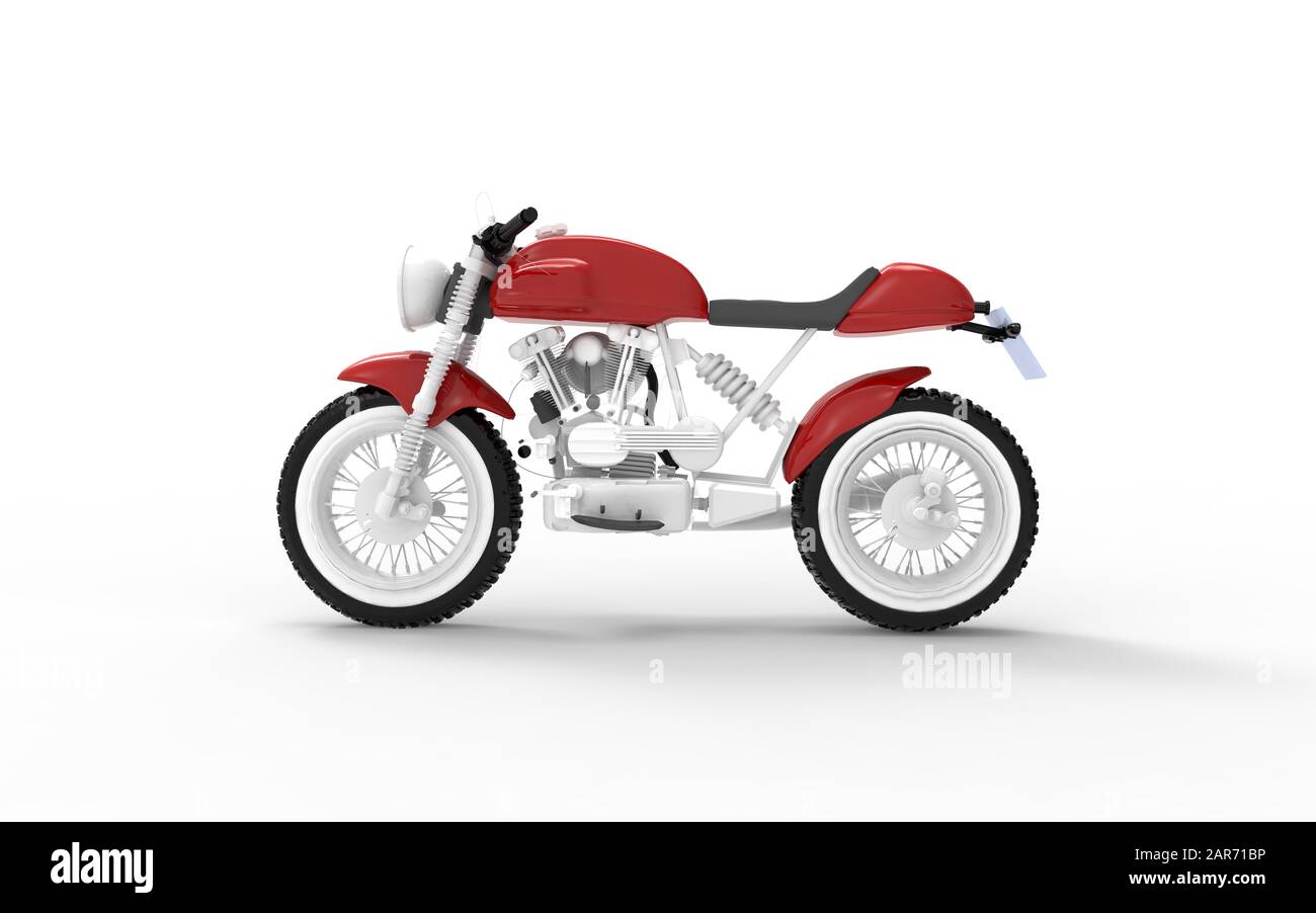 3D-Rendering eines klassischen Café-Racer-Motorrads auf weißem Hintergrund Stockfoto