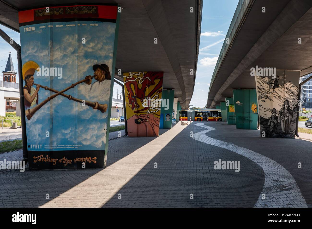 Wandbilder der tibetischen Galerie am Kreisverkehr in Tibet im Warschauer Stadtteil Wola in Polen, Straßenkunst, die den tibetischen Kampf um Autonomie darstellt Stockfoto