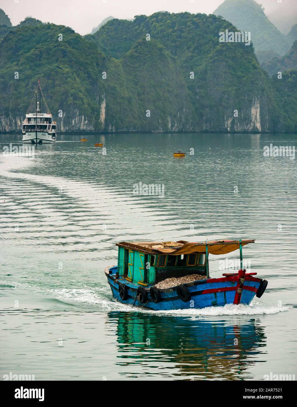 Traditionelles vietnamesisches Fischerboot mit Fisch, Lan ha Bay, Vietnam, Asien Stockfoto