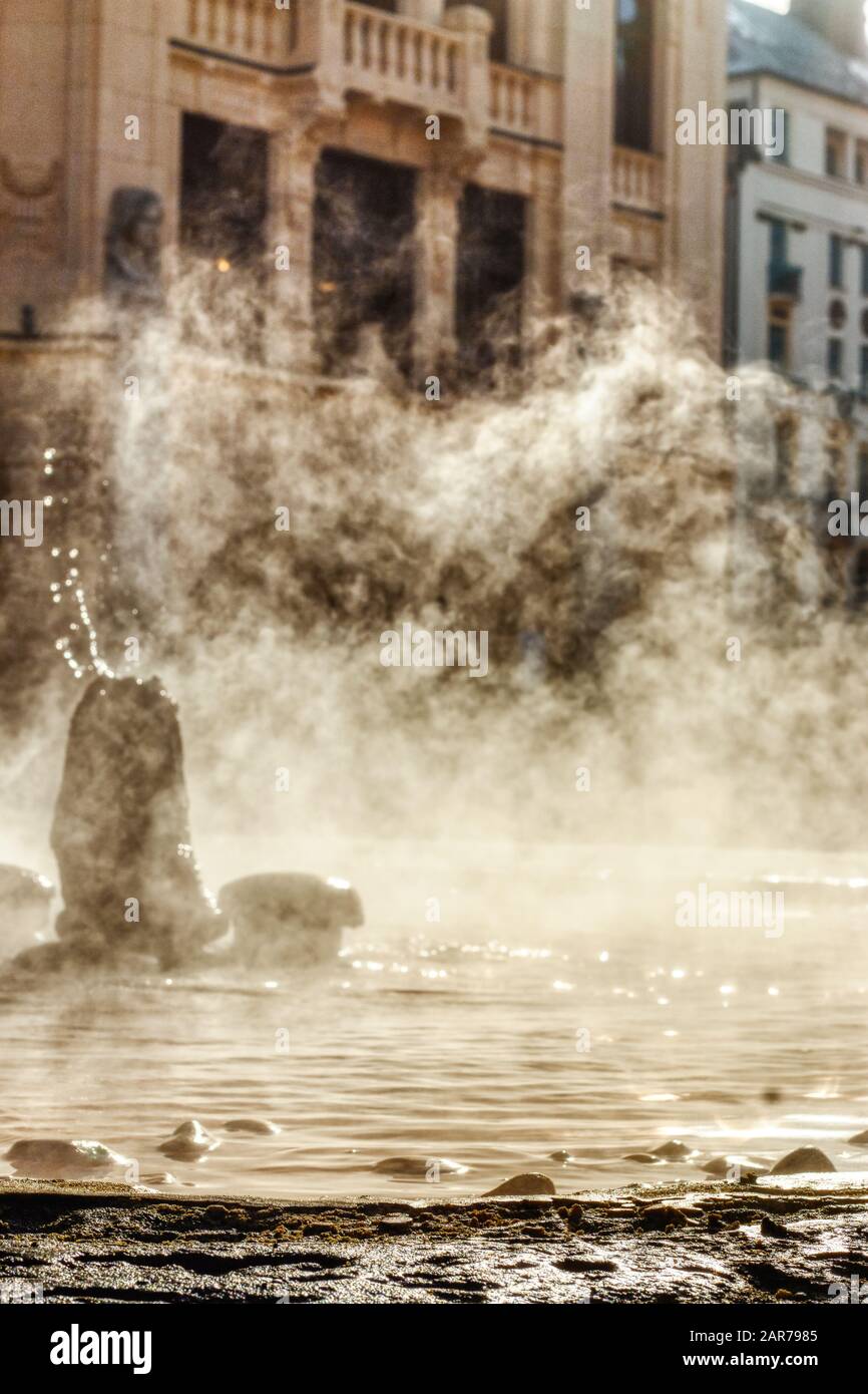 Karlsbad, Tschechische Republik 24. Januar 2020 - Dampfbrunnen mit heißem Dampfheilwasser voller Mineralien Stockfoto